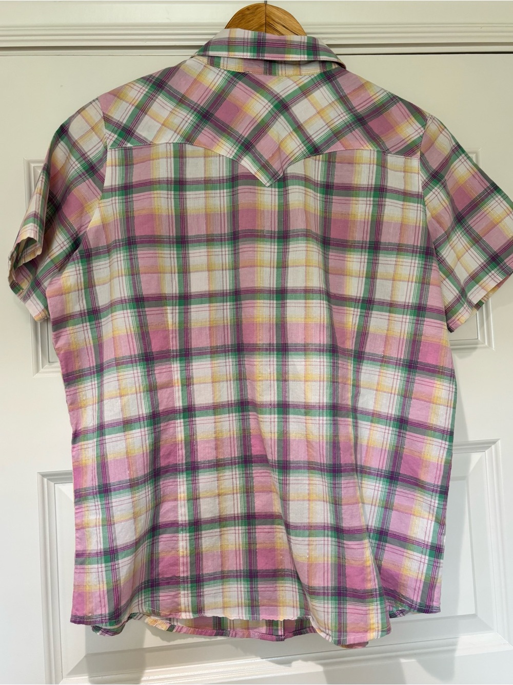 Wrangler Blues Sz L Cotton Plaid Metallic Shirt Pink Pearl Snap Buttons Western - Picture 3 of 10
